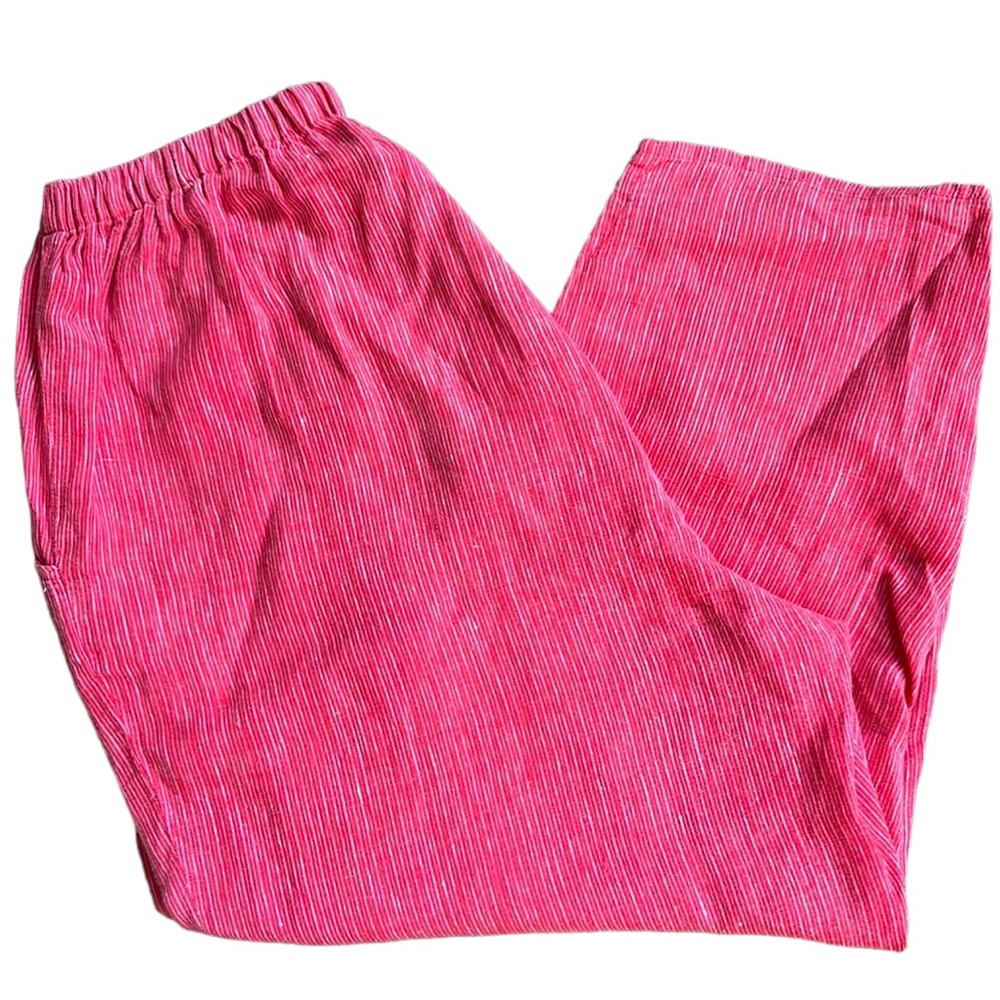 EUC FLAX Linen Pull-On Loose Leg Crop Pants Red Pinstripe Size Medium.